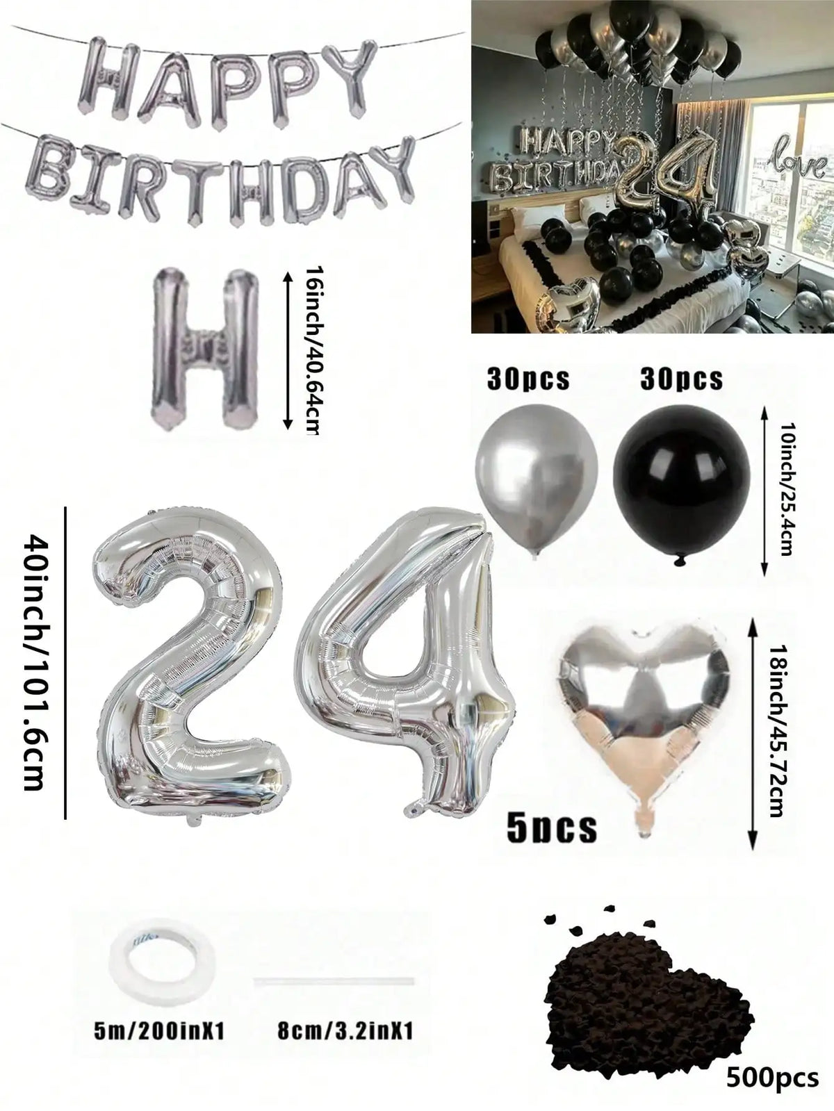 A kit for a balloon garland featuring silver and black foil numbers and balloons.