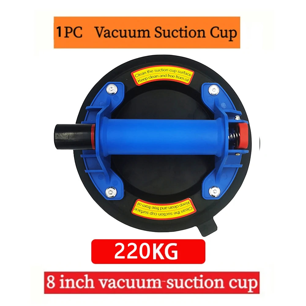 A black vacuum suction cup with a blue plunger and mounting hardware, labeled as an 8 inch suction cup for 220 kg.