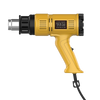 A yellow hot air gun with a silver nozzle and black handle is shown against a black background.