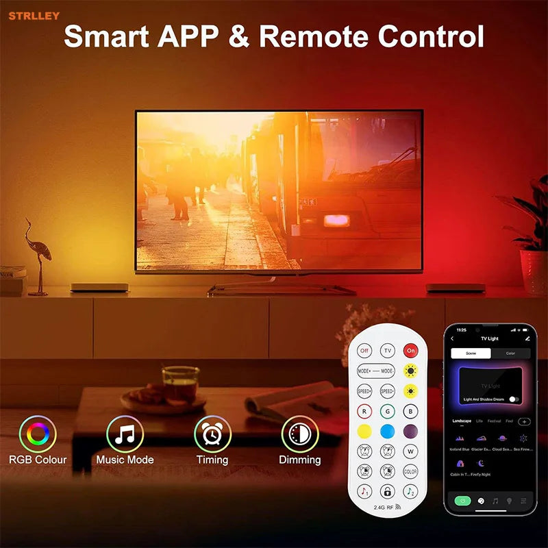 A smart app and remote control system for a television displaying a sunset scene.