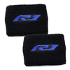 Black fabric sock with a blue and silver Yamaha R1 logo embroidered on it.