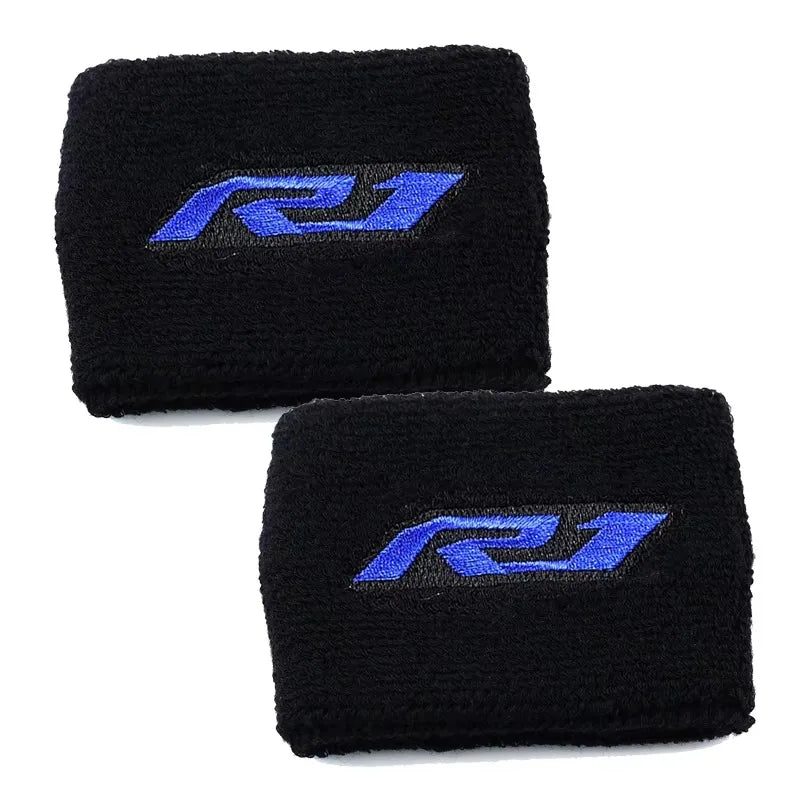 Black fabric sock with a blue and silver Yamaha R1 logo embroidered on it.