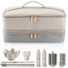 A double-layer storage bag for a hair dryer and accessories, shown with various related tools.