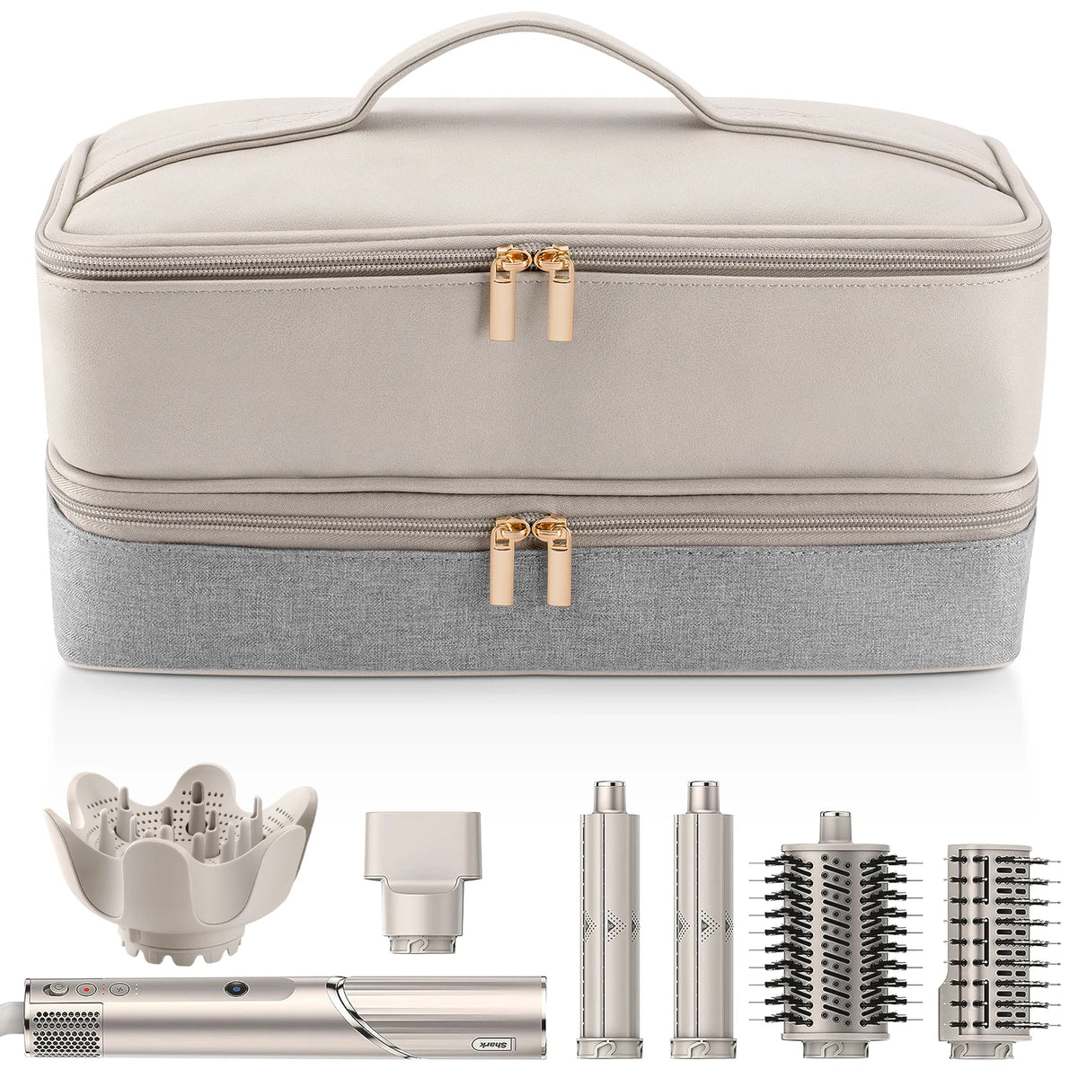 A double-layer storage bag for a hair dryer and accessories, shown with various related tools.