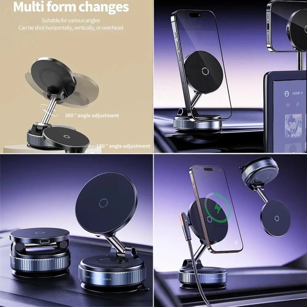 Magnetic wireless car charger mount with a foldable arm and vacuum suction for various angles