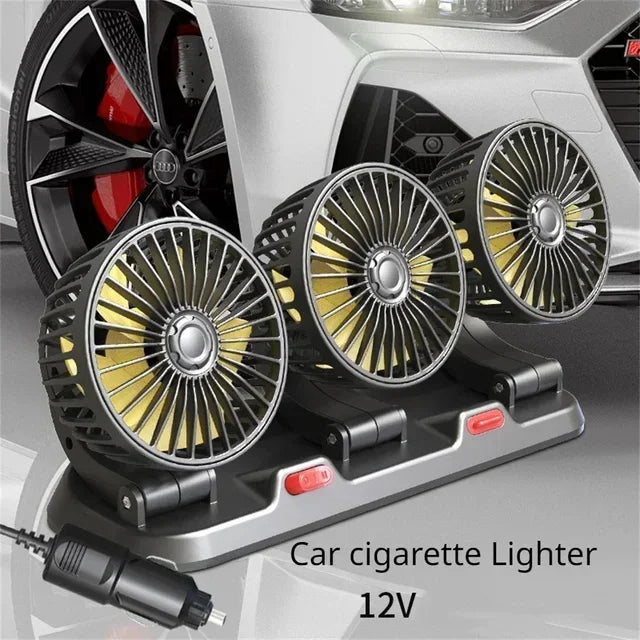 A car cigarette lighter 12V product featuring a 3-speed dual-head cooling fan with an aromatherapy diffuser.