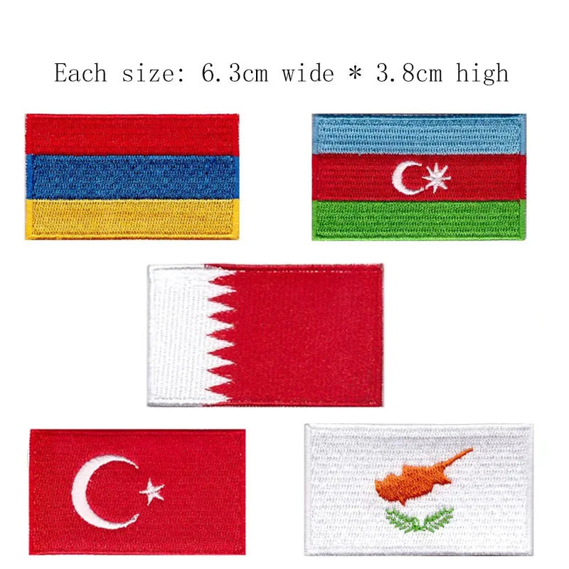 A collection of embroidered patches featuring the flag of the Dominican Republic and the flag of Turkey.