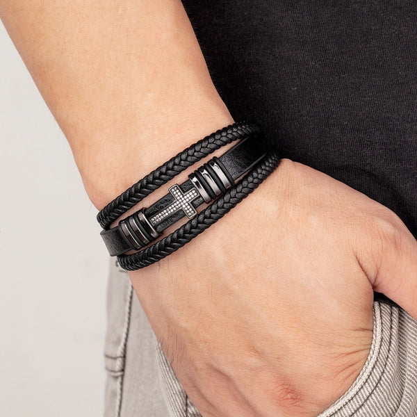 Classic Cross Charm Bracelet with Black Leather Rope
