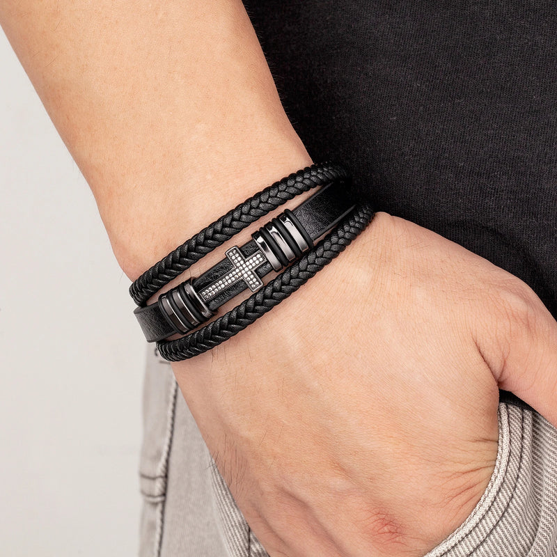 Classic Cross Charm Bracelet with Black Leather Rope