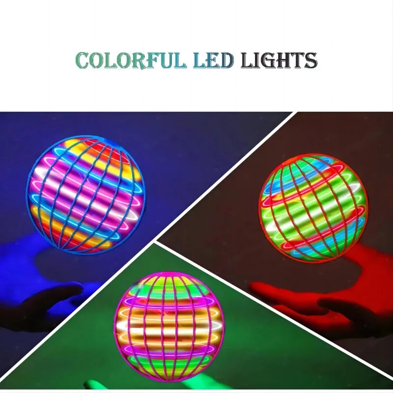 A hand is holding a colorful, glowing LED flying ball that spins in 360 degrees.