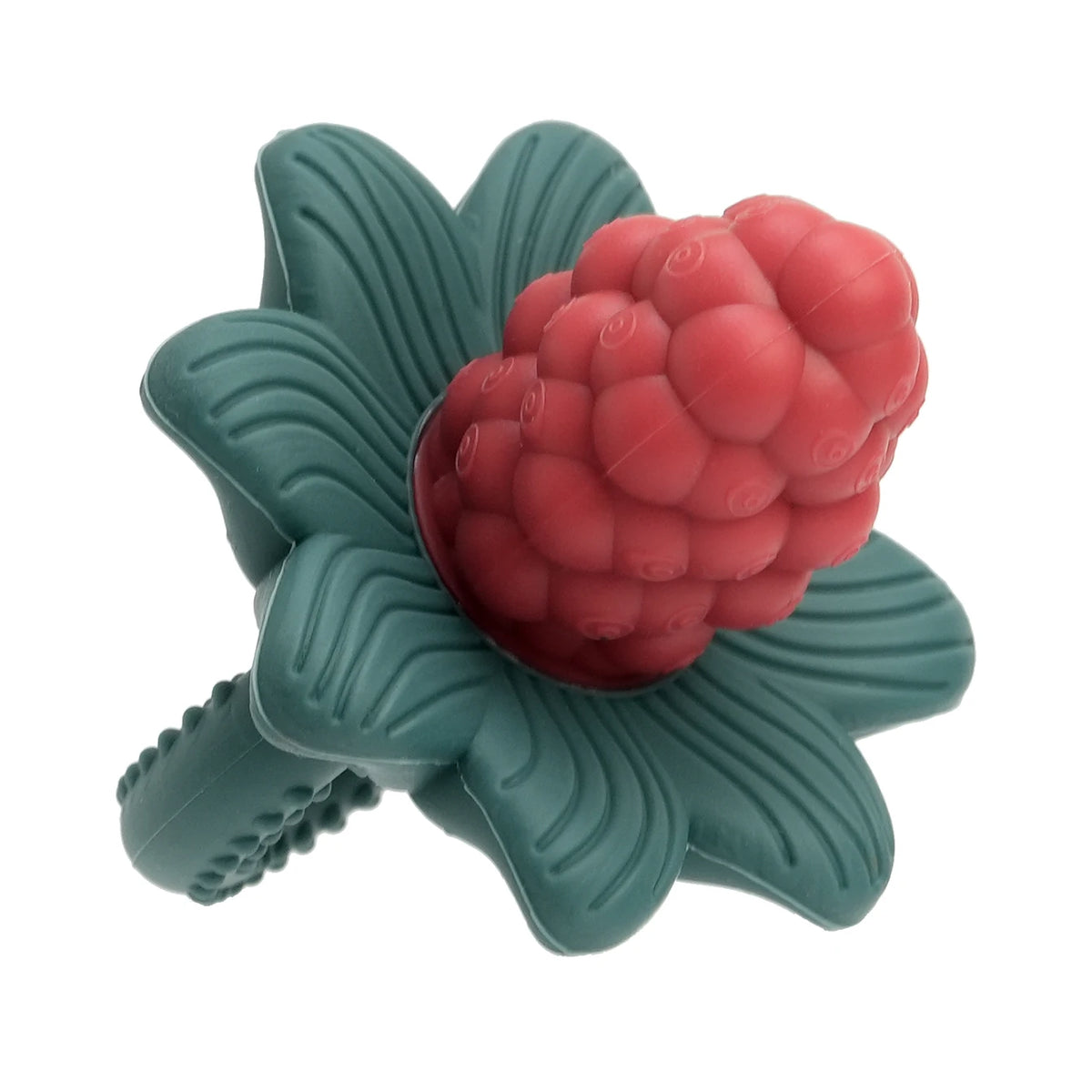 Silicone baby teether toys shaped like a pink grape and green flower.
