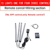 A set of 72 lights, a remote control, and wiring section for motorcycle RGB sound-activated LED strips.