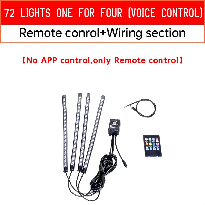 A set of 72 lights, a remote control, and wiring section for motorcycle RGB sound-activated LED strips.