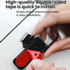 A hand is installing a black and red alloy hood pin lock kit onto a white surface.