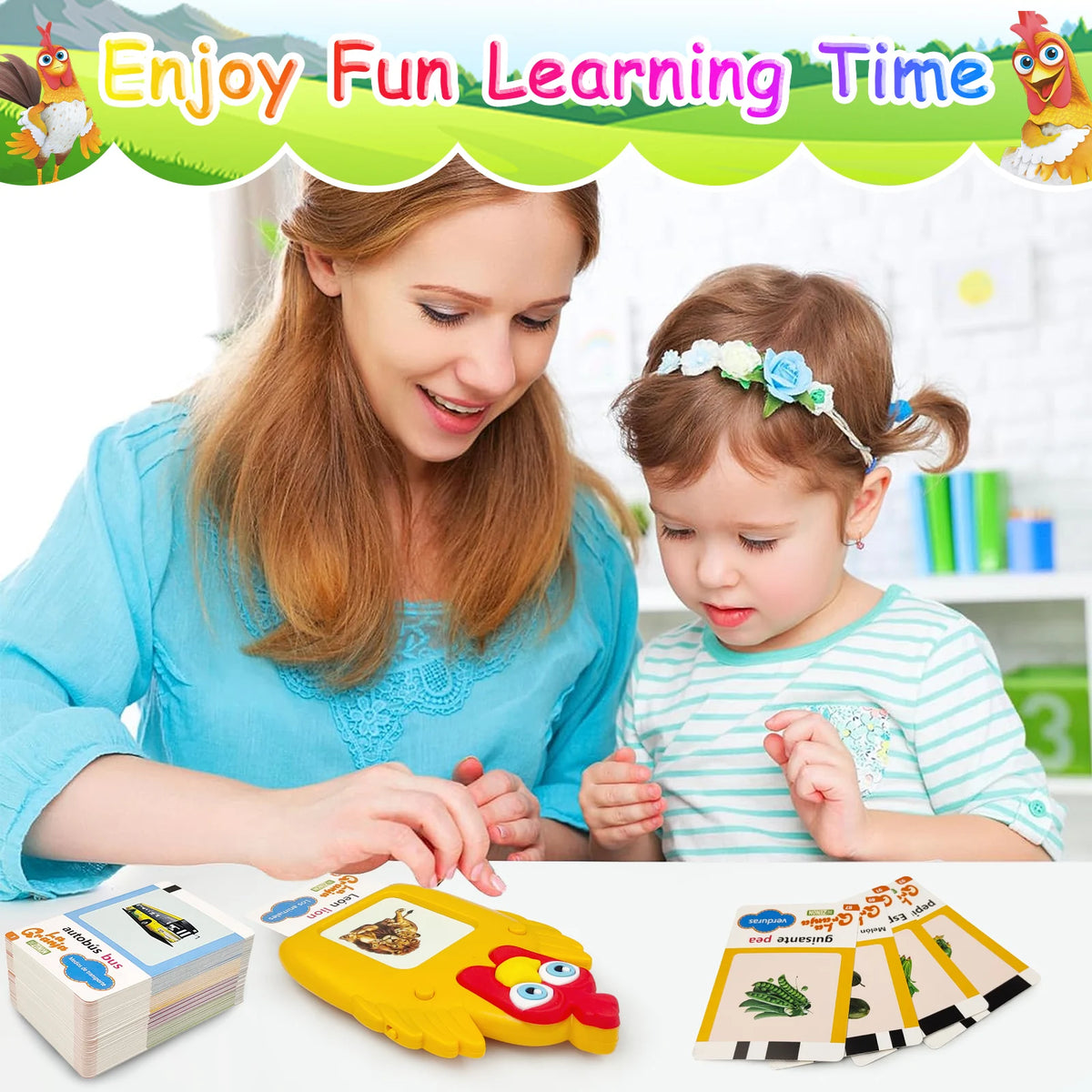A woman and a child are shown with bilingual flash cards for learning English and Spanish words.