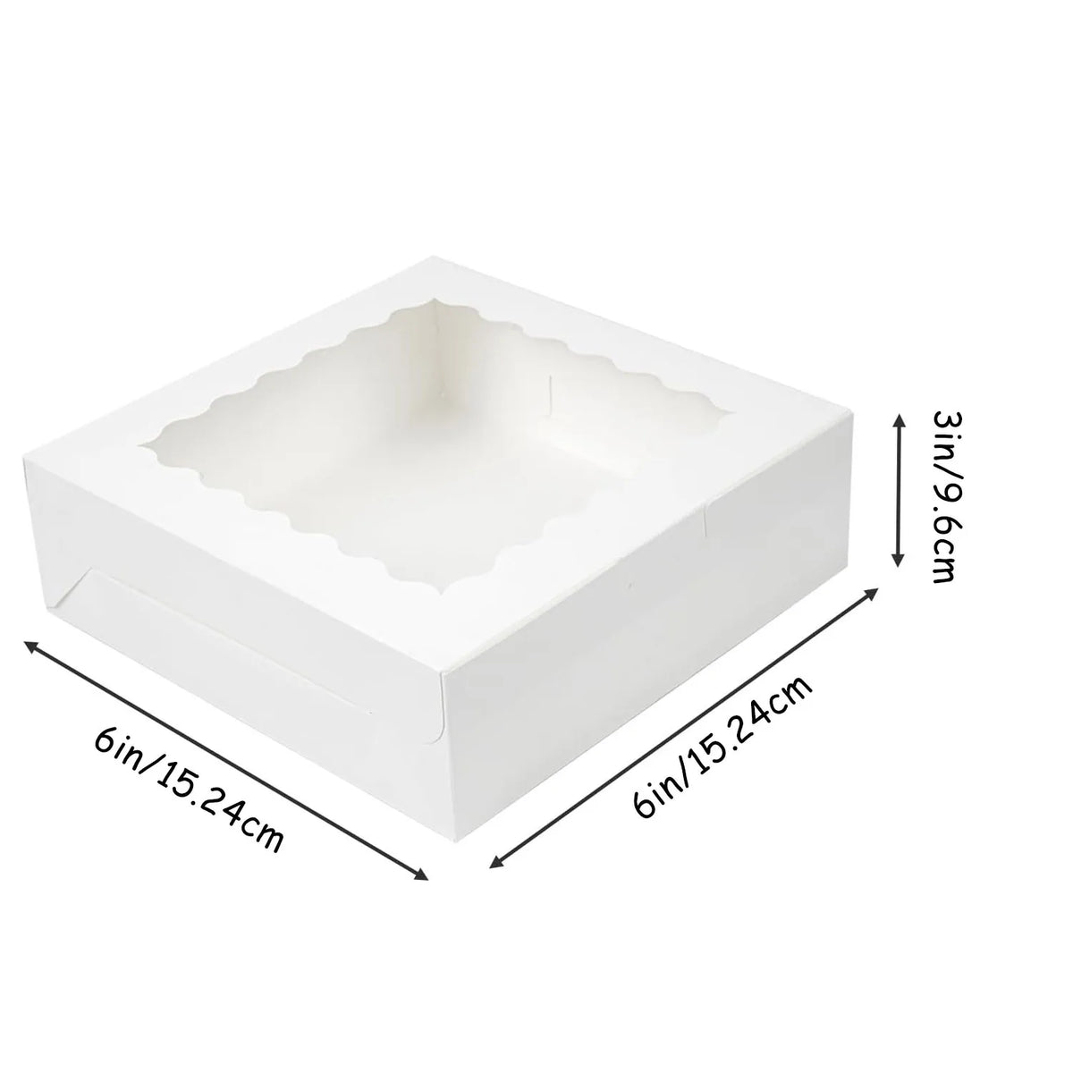 White bakery box with a clear window for treats, showing dimensions of 6in by 6in and 3in high.
