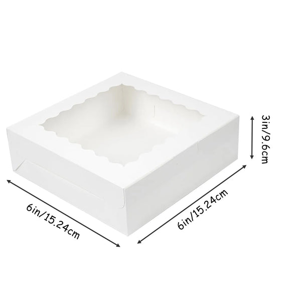 White bakery box with a clear window for treats, showing dimensions of 6in by 6in and 3in high.