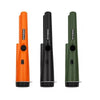 Three handheld metal detectors in orange, black, and green colors shown side by side.