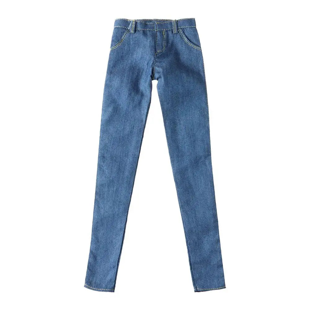 A pair of dark blue denim jeans with a V-cut leg and visible stitching.