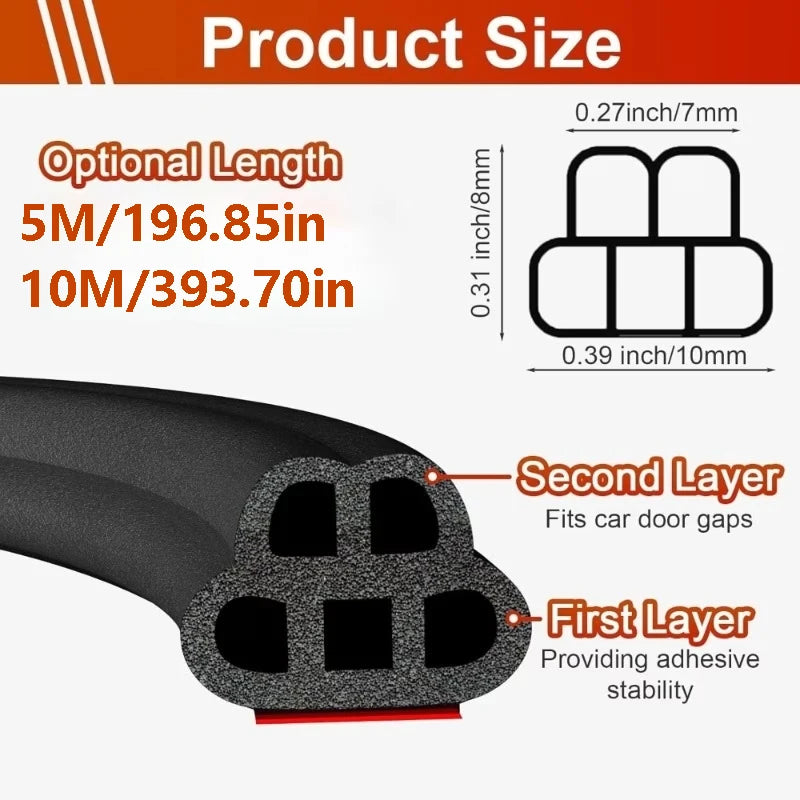 A cross-section of a black rubber seal strip showing two layers designed to fit car door gaps.