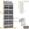 A tall, gray over-the-door hanging organizer with 10 compartments and a vertical rack for hanging items.