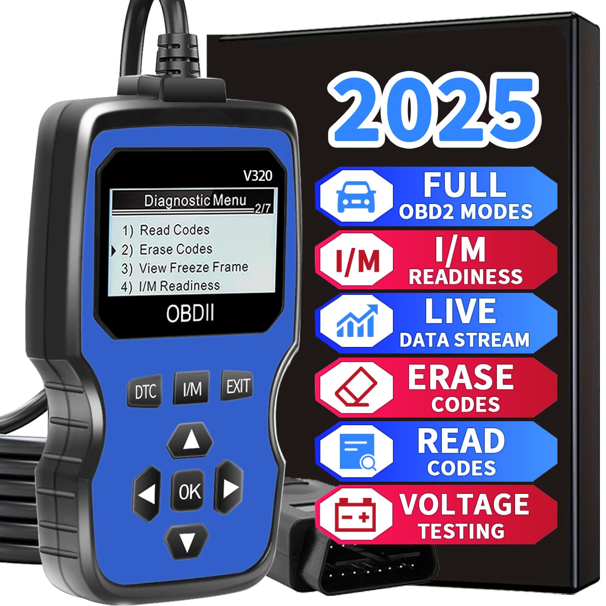 A black OBD2 diagnostic scanner device with a blue screen and various buttons, next to its black storage box.