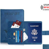 A blue leather passport holder with slots for cards and a magnetic closure, featuring an RFID scanning protection symbol.