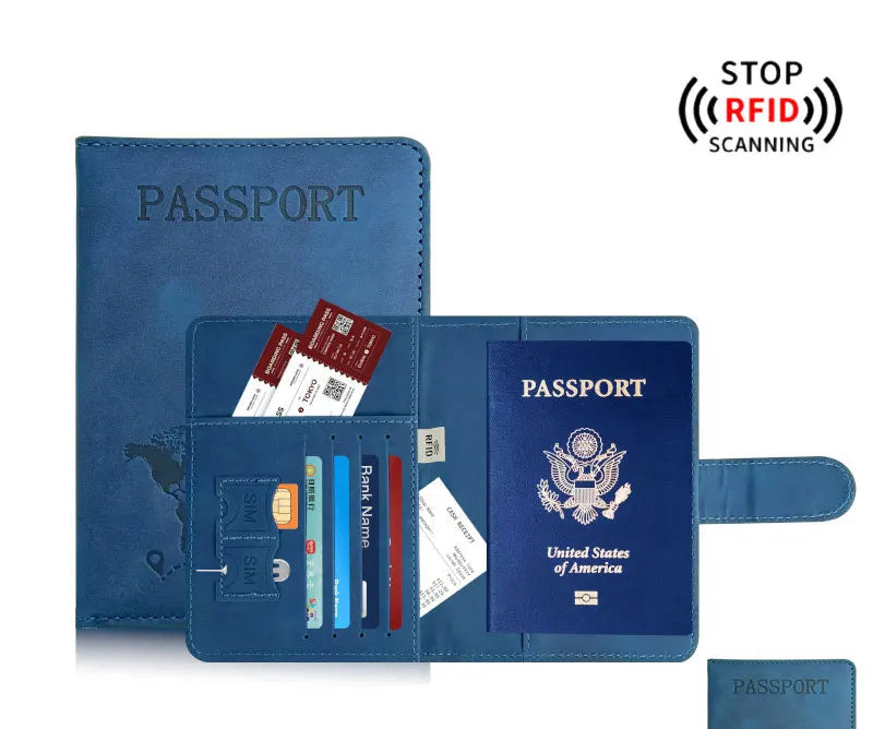 A blue leather passport holder with slots for cards and a magnetic closure, featuring an RFID scanning protection symbol.