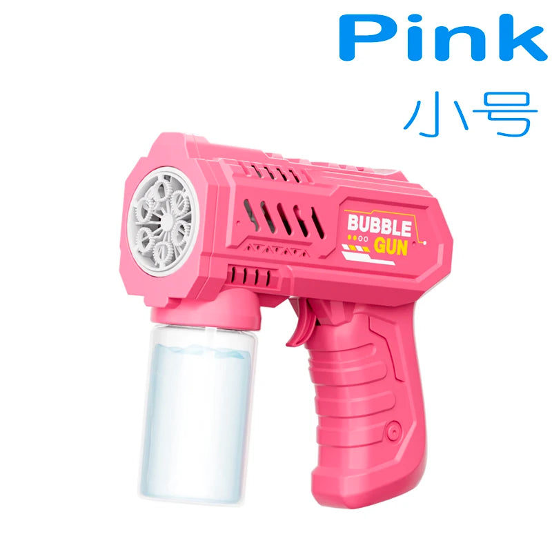 A pink bubble gun toy with a clear liquid cartridge and a textured grip.