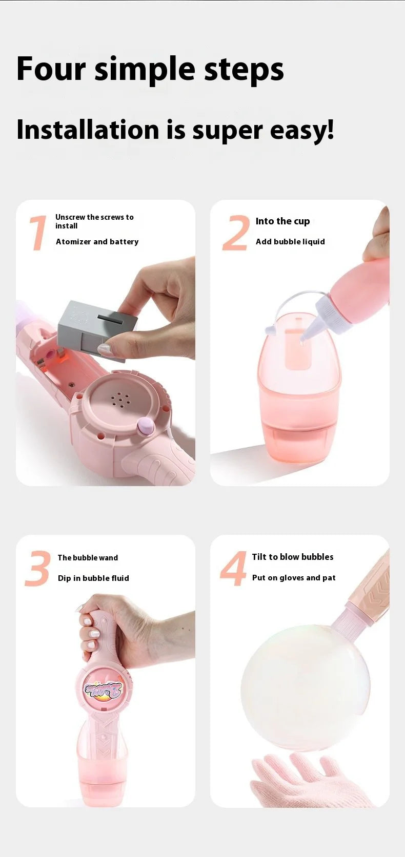 Four steps for installation of a pink magic smoke bubble machine, showing assembly and use.