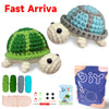 A DIY crochet kit featuring a turtle and other cute animal amigurumi figures with yarn and tools.