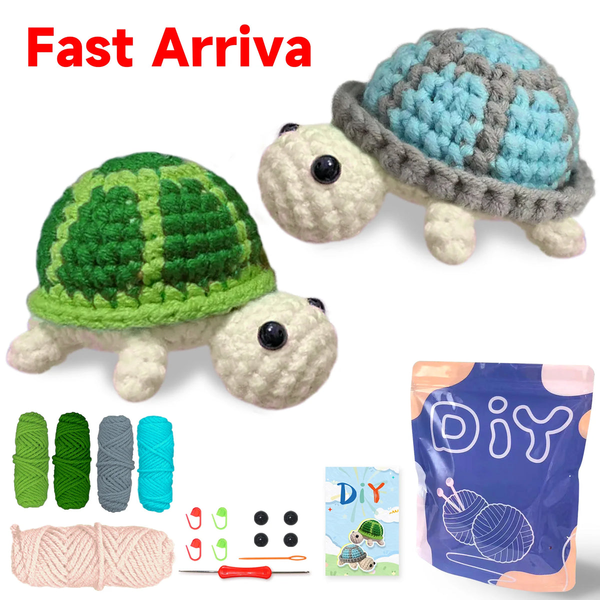 A DIY crochet kit featuring a turtle and other cute animal amigurumi figures with yarn and tools.
