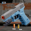 A light blue toy pistol with a gray frame and an orange shell ejecting mechanism is shown against a textured background.