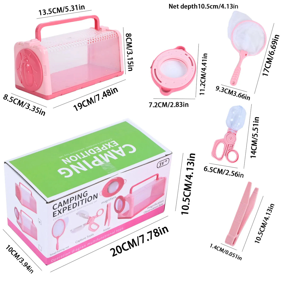 Pink kids insect explorer kit featuring an observation cage with a net and magnifying glass tools.
