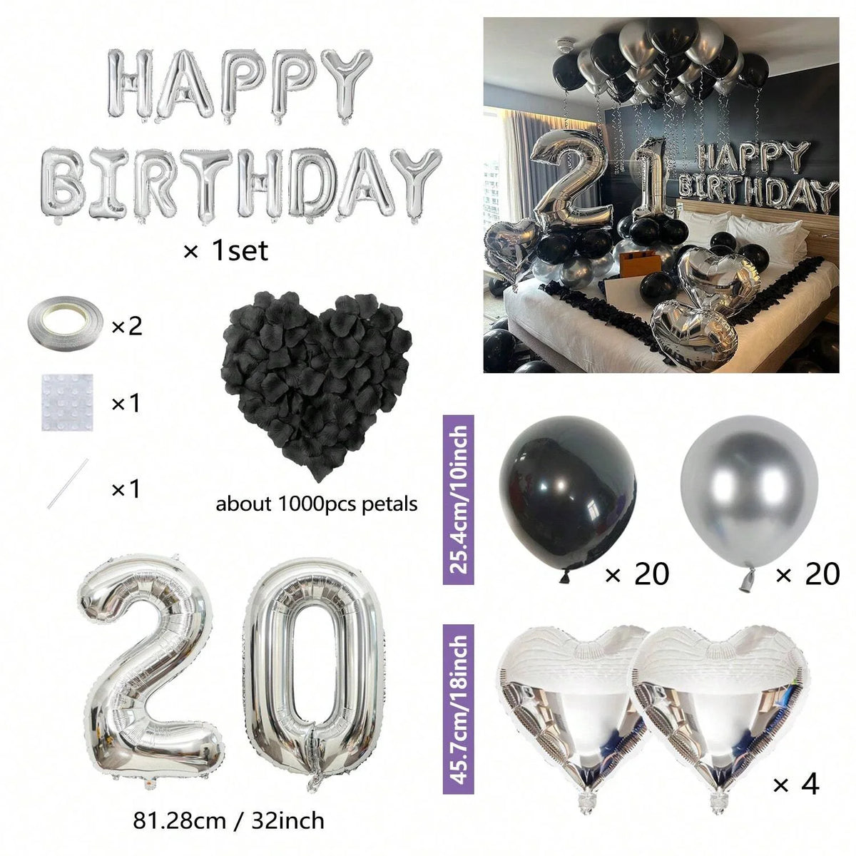 Set silberner und schwarzer Ballonschmuck, darunter Buchstabenballons, Herzblüten und Folienballons.