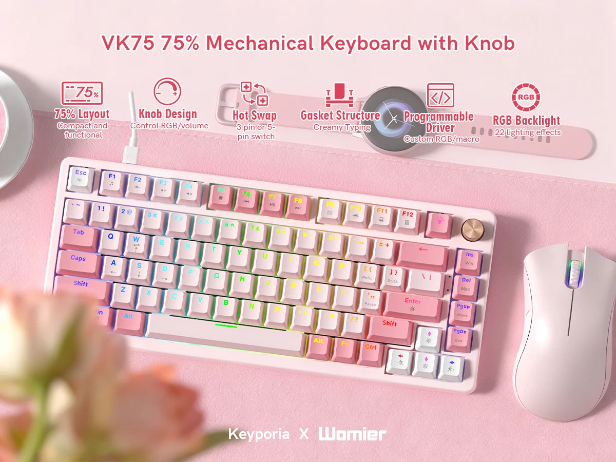 VK75 Wired Mechanical Gaming Keyboard with Hot-Swap Switches and Control Knob
