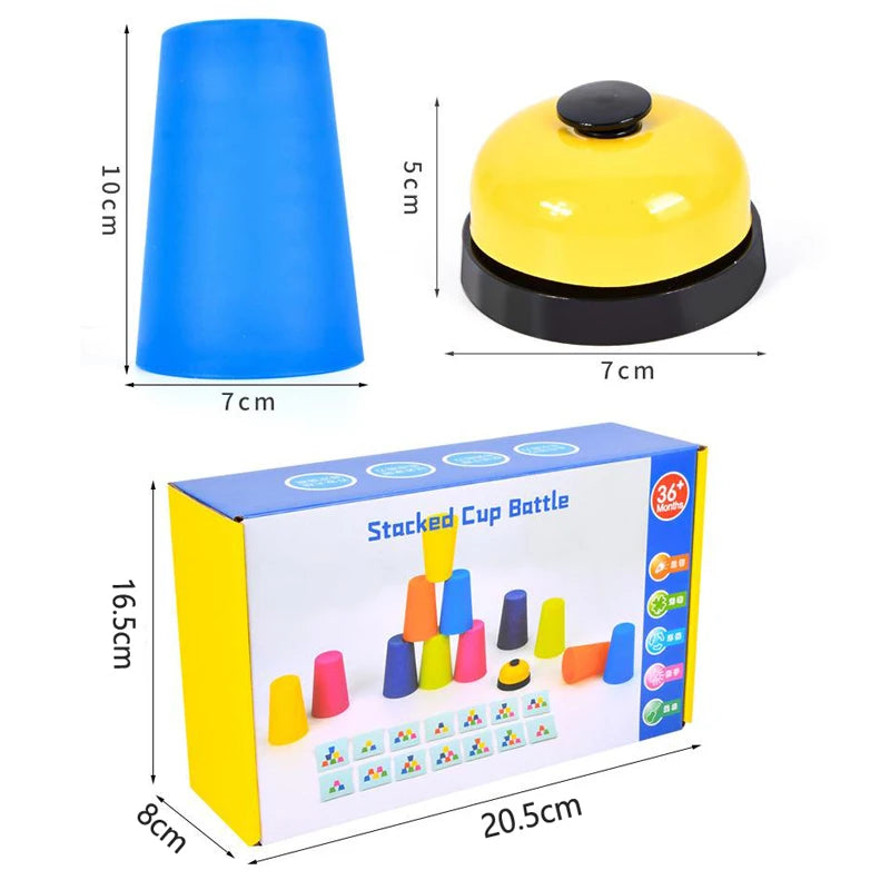 A yellow stacking cup bottle with a black base and an accompanying box showing colorful cups and activity cards.