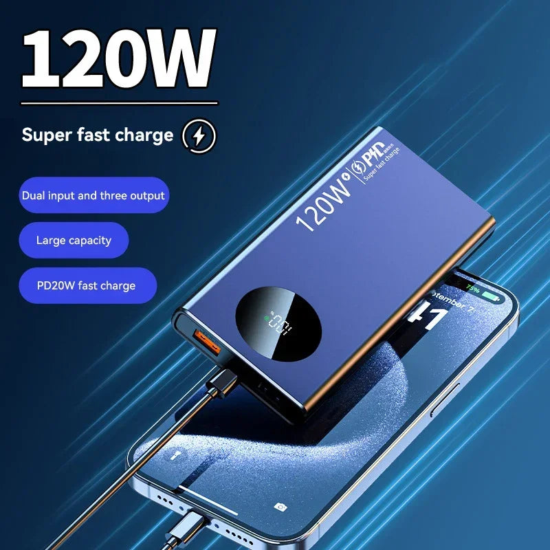 Lila Powerbank lädt ein Smartphone auf, hebt die 120W Super-Schnellladefähigkeit hervor.
