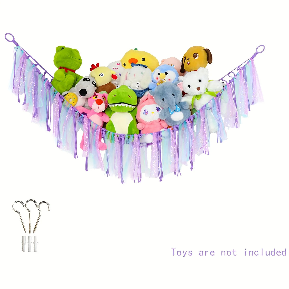 Bohemian handwoven corner toy storage net with colorful plush toys and tassels