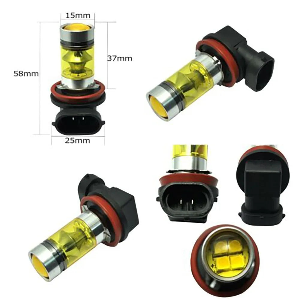 A collection of H11/H8 LED fog light bulbs in yellow color shown from various angles.