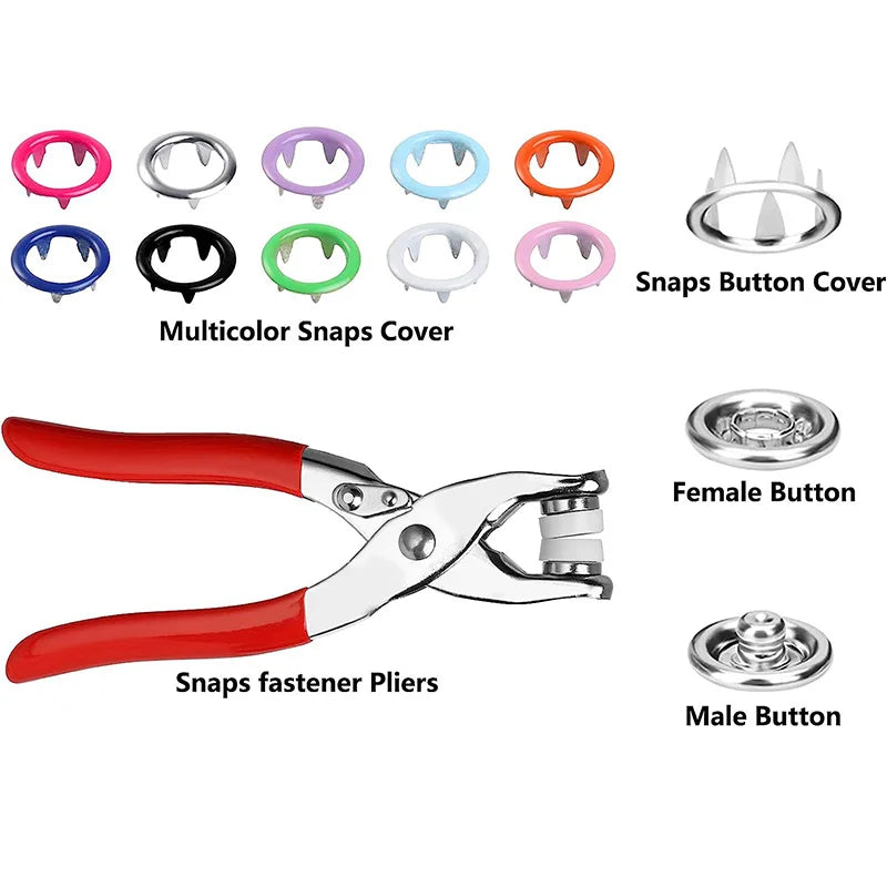A set of multicolor metal snaps, button covers, and pliers for DIY sewing projects.