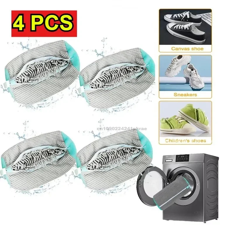 Four reusable shoe laundry bags with bristled brushes for gentle machine washing