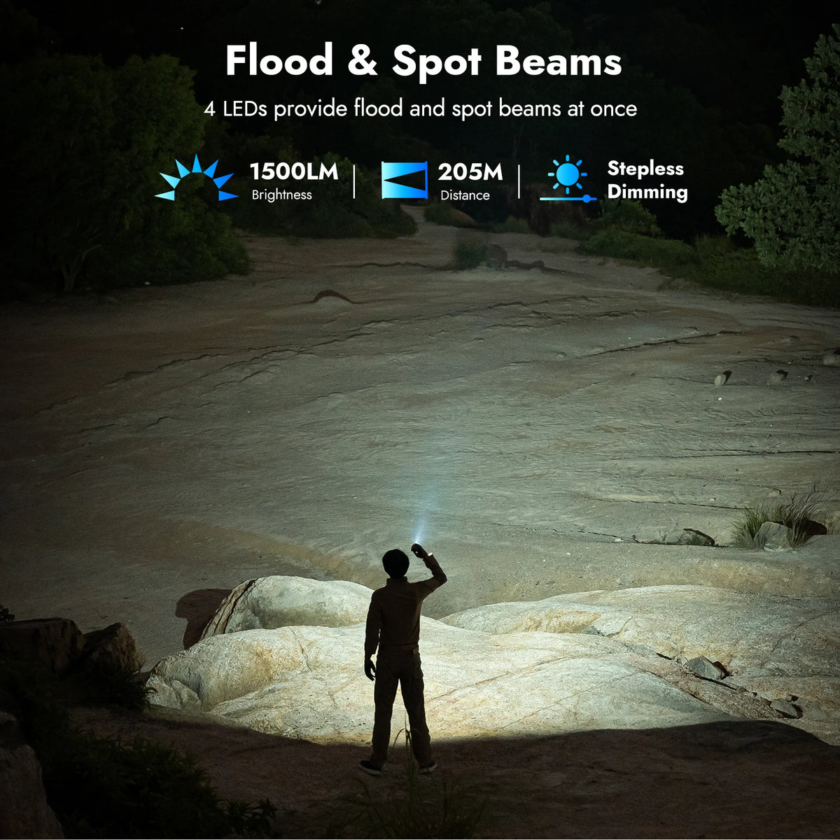 A person is using a flood and spot beam flashlight in an outdoor, rocky environment.