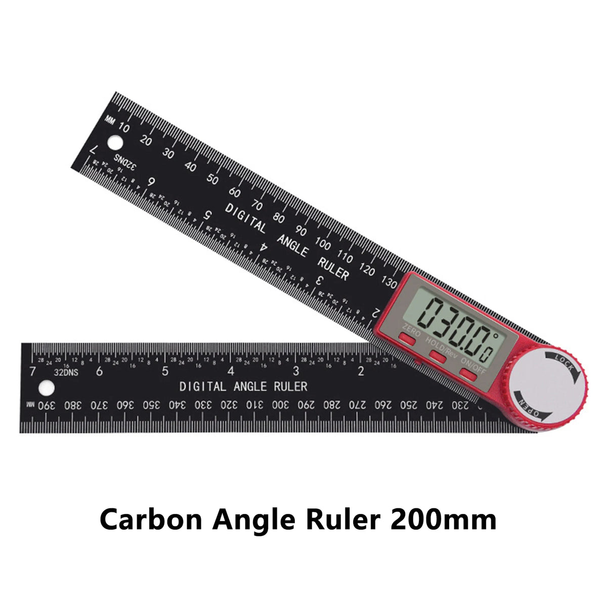 A black digital angle ruler with a 200mm scale and a red display showing 030.0 degrees.