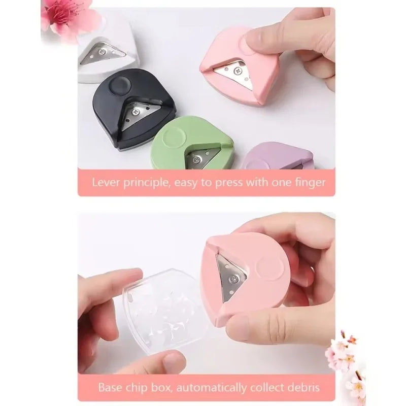 A hand demonstrates the use of a pink paper corner rounder cutter, showing its lever principle and ability to press with one 