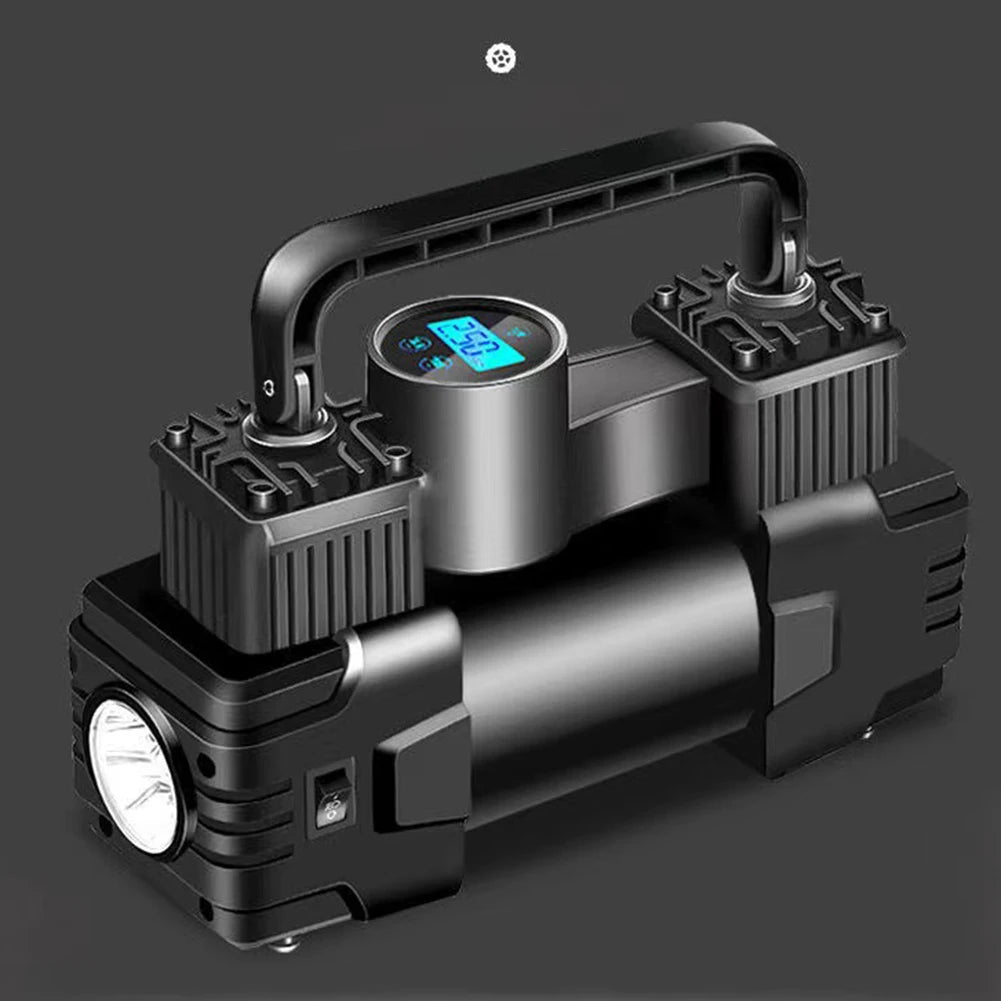 A black portable digital tire inflator with a handle and display is shown against a dark gray background.
