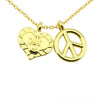 Gold pendant necklace featuring a heart charm and a peace sign design.