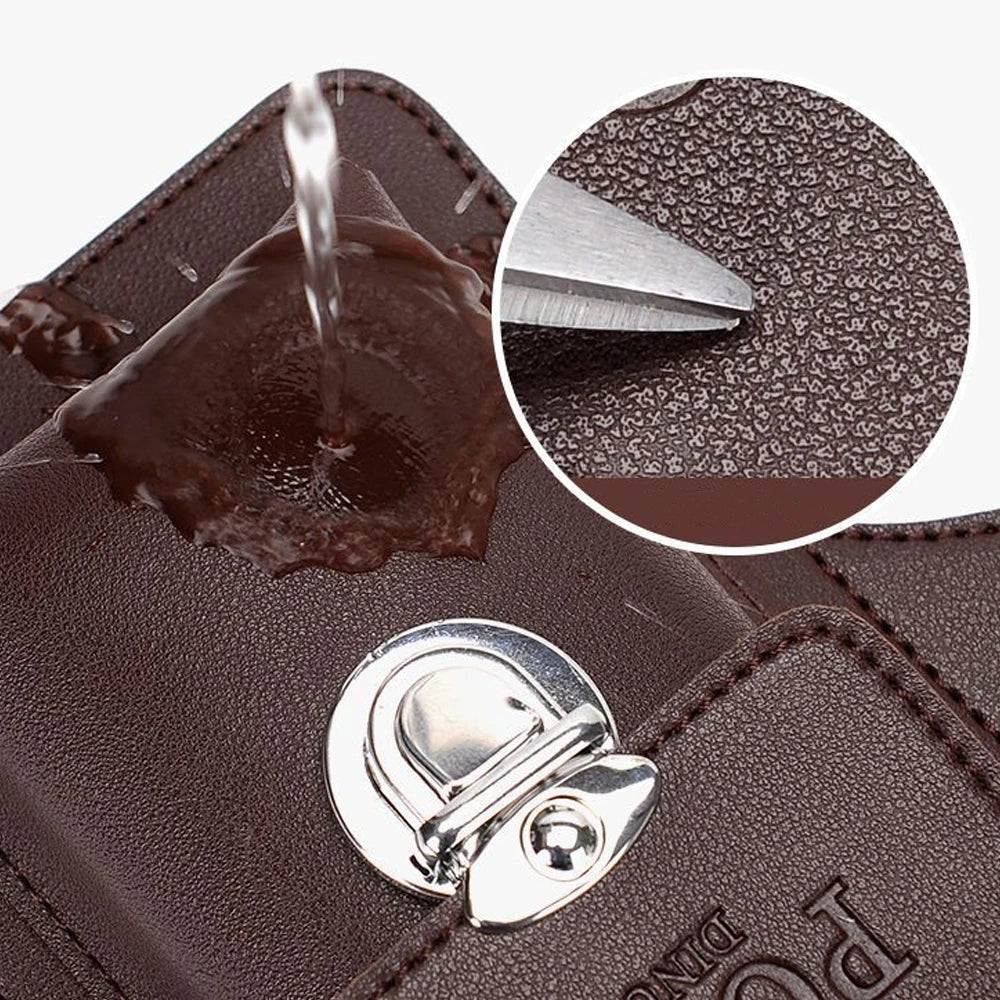 A close-up of a brown PU leather waist bag showing a detail of the stitching and a silver snap button.