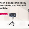 A magnetic phone tripod with a carabiner clip shown in vertical and horizontal modes.