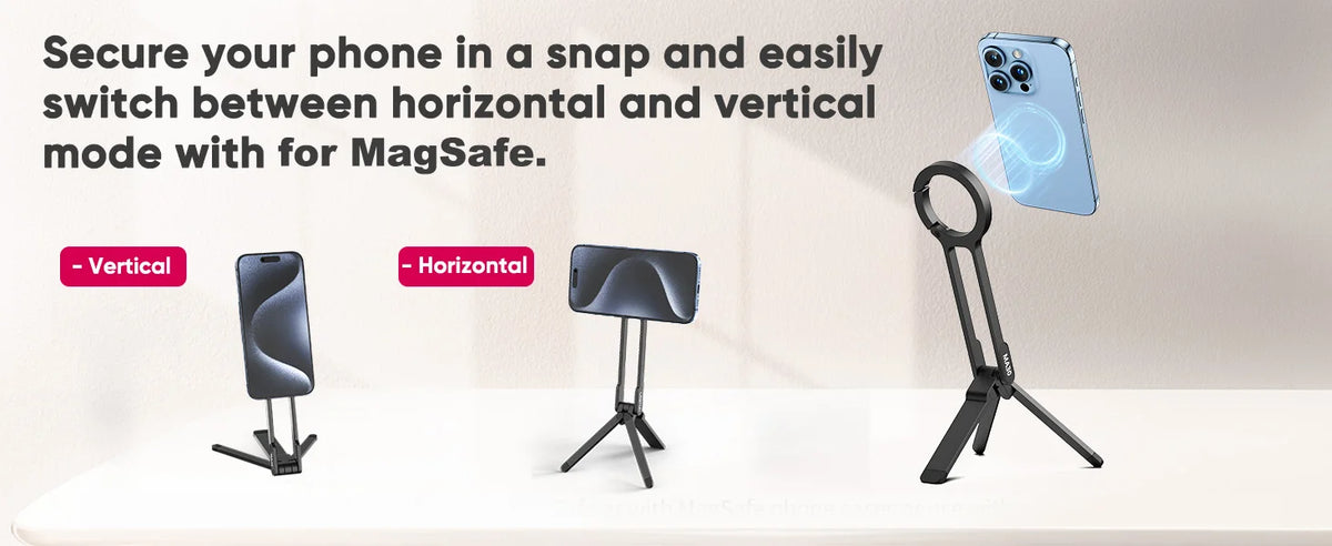 A magnetic phone tripod with a carabiner clip shown in vertical and horizontal modes.